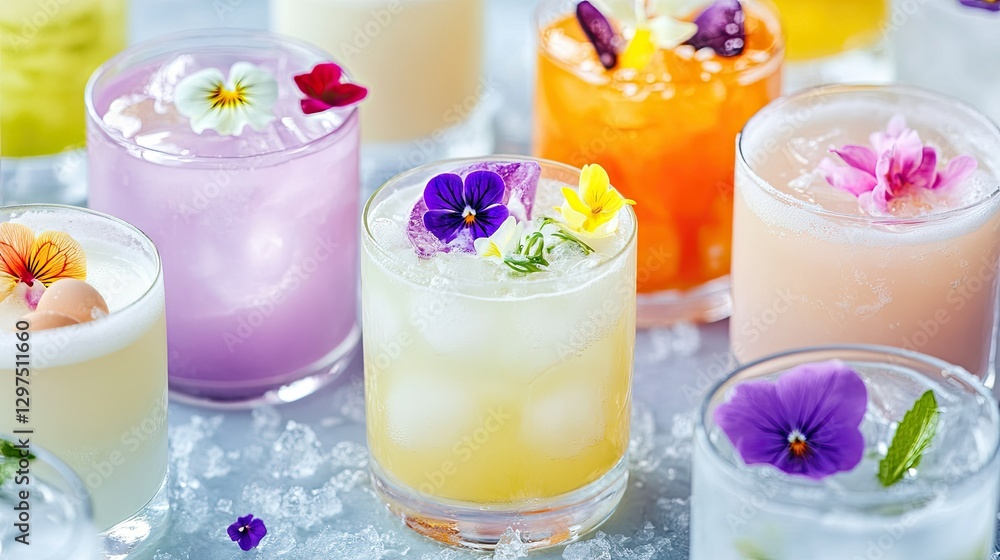 Creative Easter-themed cocktails and mocktails with pastel-colored drinks served in glasses adorned with edible flowers. Creative Easter-themed cocktails and mocktails with pastel-colored drinks served in glasses adorned with edible flowers.