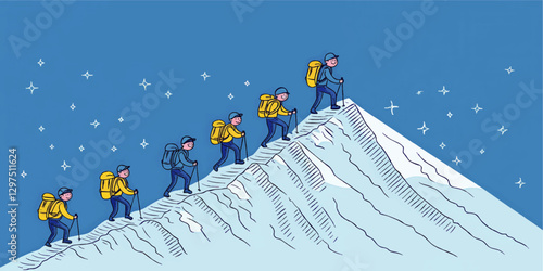 Illustrative Vector of Determined Group Climbing Snowy Mountain Under Starlit Sky | Adventure, Teamwork, Hiking, Expedition, Outdoor, Nature Art