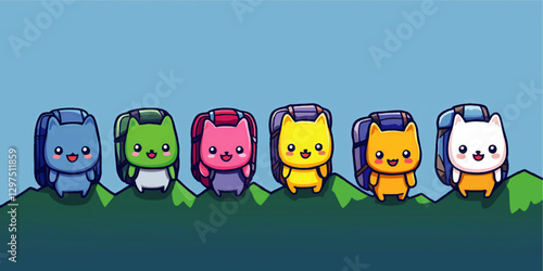 Charming Colorful Cat Characters with Backpacks on Mountainside - Cute Vector Illustration for Children's Adventure Theme Posters and Merchandise Design