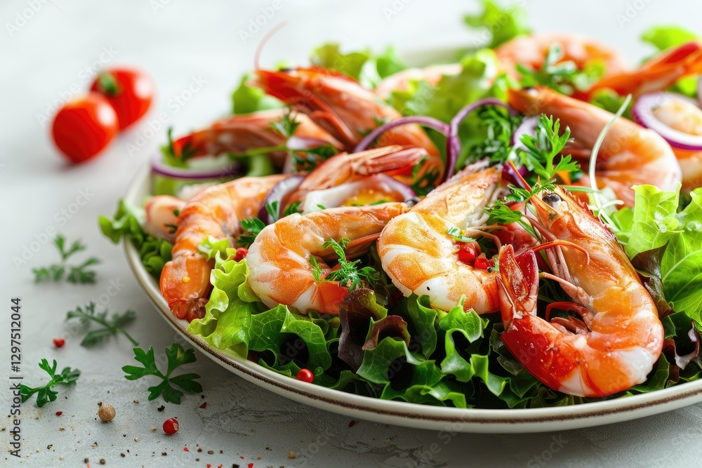 Vibrant Color Visual of Seafood Salad with Greens on a Light Background Vibrant Color Visual of Seafood Salad with Greens on a Light Background