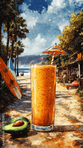 Tropical Beach Scene with Avocado Smoothie, Surfboards, and Straw Hut - Summer Vibes, Coastal Art, Ocean View, Palm Trees, Relaxing Vacation Spot