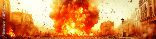 Dramatic Urban Explosion Scene: Fiery Blast in City Street, Destruction, Debris, and Smoke in Daytime Vector Art - Action, Chaos, and Urban Apocalypse Imagery