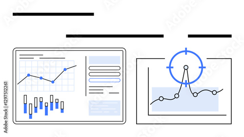 Interactive dashboard showing bar graphs, line charts, and a targeted focus point. Ideal for data analysis, business strategy, performance tracking, digital marketing, financial reports