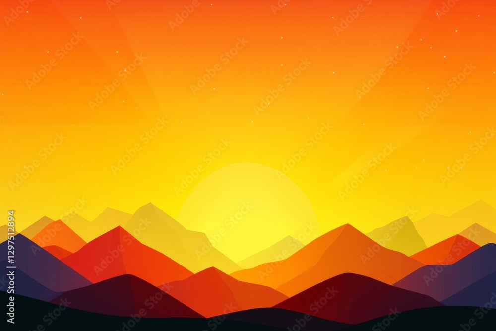 Obraz premium Vibrant sunset over stylized mountain range in surreal vector illustration capturing warm glowing hues and dramatic silhouettes in modern artistic landscape composition