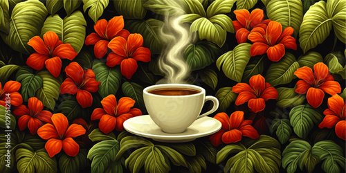 Vibrant Coffee Cup with Tropical Orange Flowers and Green Leaves - Vector Art of Steaming Hot Drink in a Lush Botanical Garden Setting for Background Use