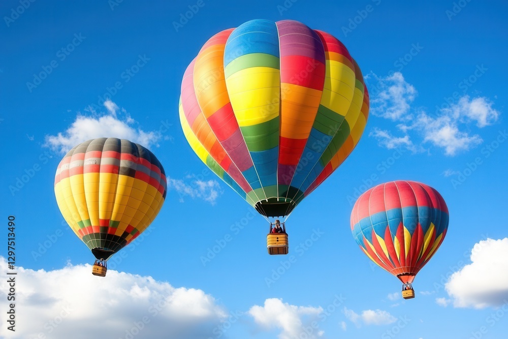 Fototapeta premium Colorful Hot Air Balloons Soaring Through a Sunny Skying Sky. A Wonderful Day with Fluffy Clouds