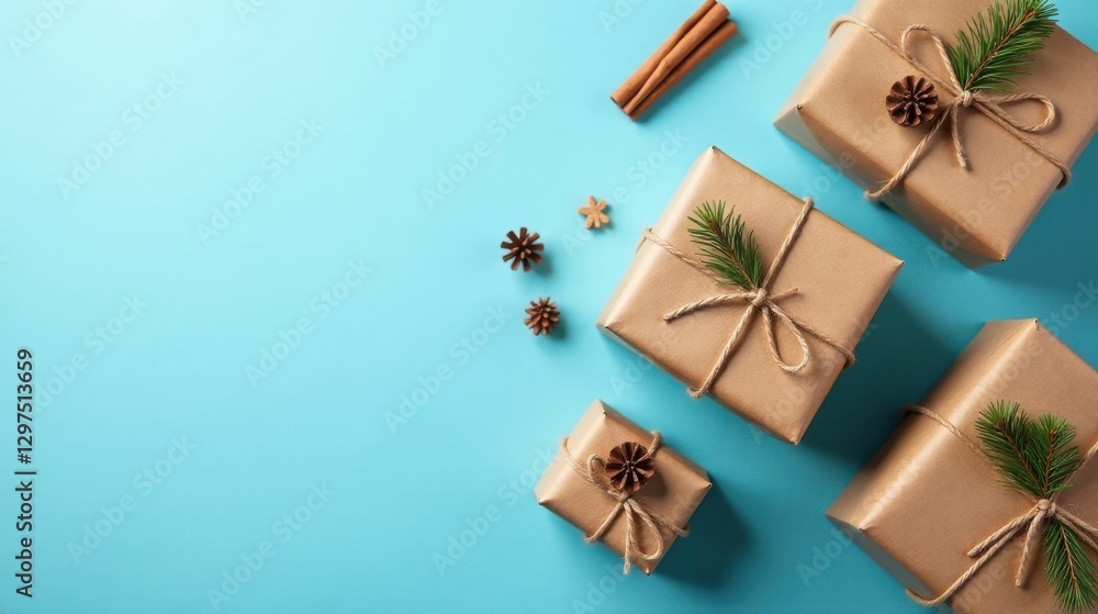 Rustic Kraft Paper Presents Decorated with Twine, Pine Sprigs, and Pinecones on a Light Blue Background Rustic Kraft Paper Presents Decorated with Twine, Pine Sprigs, and Pinecones on a Light Blue Background