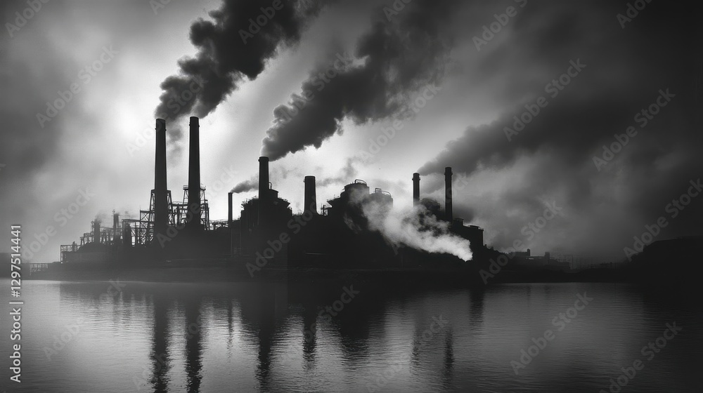 A black and white image shows an industrial factory scene A black and white image shows an industrial factory scene