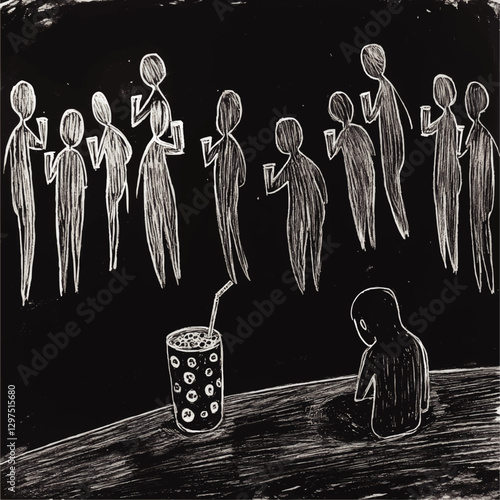 Intriguing Abstract Vector Art of Silhouetted Figures in Social Gathering with Drink and Straw Symbolizing Loneliness Amidst Group on Dark Background