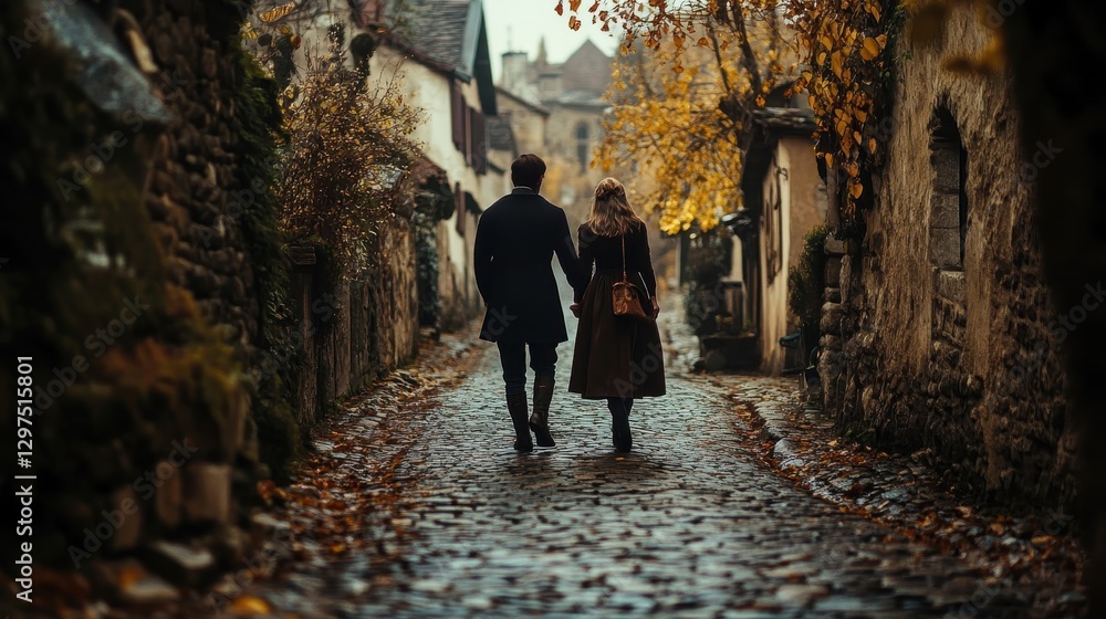 A couple walks hand in hand down a cobbled street A couple walks hand in hand down a cobbled street