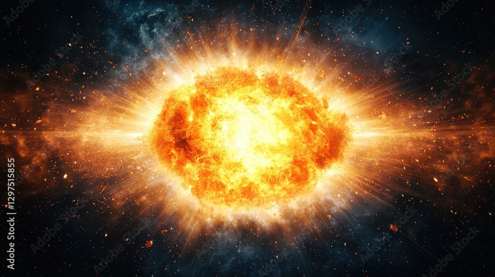Obraz premium A vibrant cosmic explosion emits fiery light, surrounded by a dark, starry background, depicting the beauty and power of the universe.