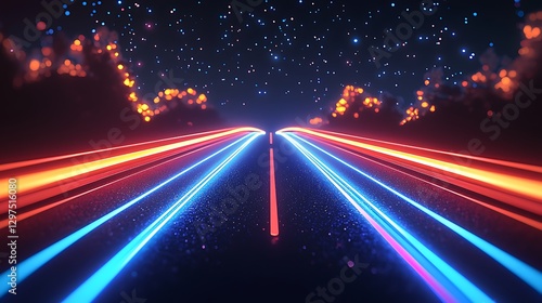 Neon road, futuristic highway, night, speed, cosmos, energy, digital art, abstract background, video game photo