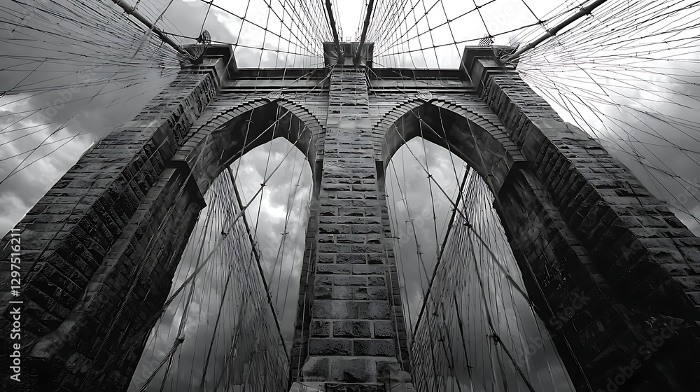 Fototapeta premium NYC Bridge Architecture, Cloudy Sky, Low Angle View, Travel Photography