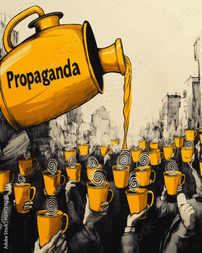 Illustration of Propaganda Concept with Yellow Teapot Pouring into Mugs Held by Crowd, Art Symbolizing Influence, Mind Control, Modern Society's Media Consumption