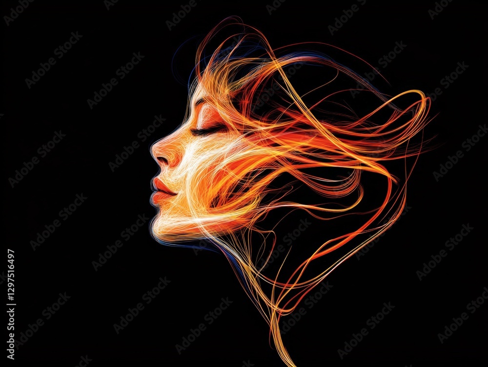 Obraz premium Abstract surreal digital artwork of woman with glowing neon orange light streaks forming facial contours futuristic conceptual portrait with cyber aesthetics and high tech glow