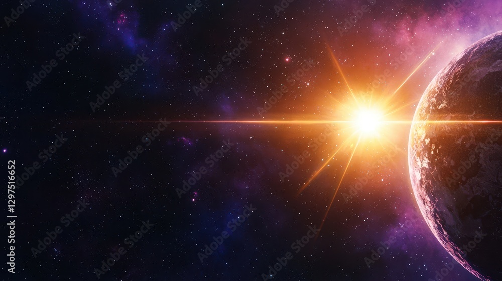 Obraz premium A stunning view of a planet with a radiant sun shining in the expansive cosmos, highlighting vibrant colors and celestial beauty.
