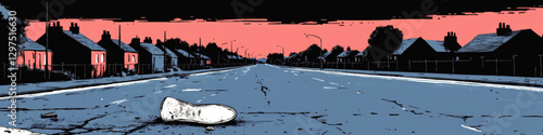 Desolate Urban Street with Abandoned Sneaker Vector Art: Dusk Pink Sky, Empty Road, Row Houses, Streetlight Silhouettes, and Moody Atmosphere Illustration