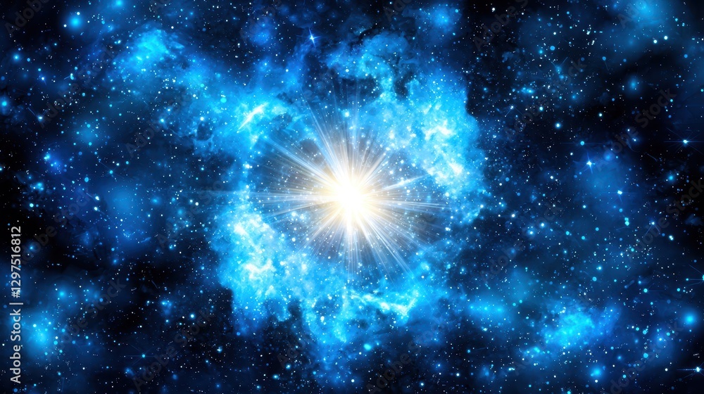 A vibrant cosmic scene featuring a bright star at the center, surrounded by swirling blue nebulae and a backdrop of distant galaxies. A vibrant cosmic scene featuring a bright star at the center, surrounded by swirling blue nebulae and a backdrop of distant galaxies.