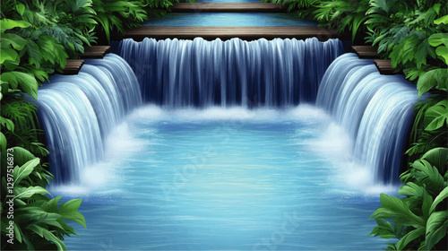 Stunning Vector Illustration of a Serene Waterfall Cascading into a Clear Blue Pool Surrounded by Lush Tropical Greenery and Wooden Decks in a Forest