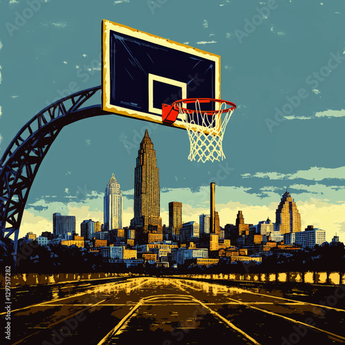 Urban Basketball Court Vector Image with City Skyline: Iconic Skyscrapers, Scenic Cityscape, Blue Sky, and Basketball Hoop in Vibrant Art City Sport Illustration