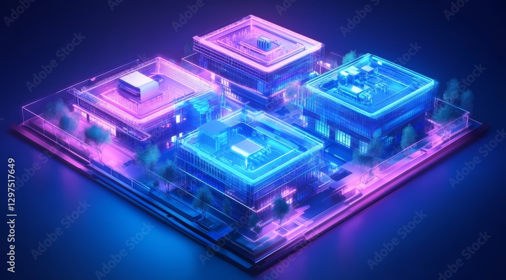 Explore a mesmerizing futuristic city at night, where luminous buildings tower and glowing trees line the streets, illustrated in an isometric perspective that invites admiration of its beauty Explore a mesmerizing futuristic city at night, where luminous buildings tower and glowing trees line the streets, illustrated in an isometric perspective that invites admiration of its beauty