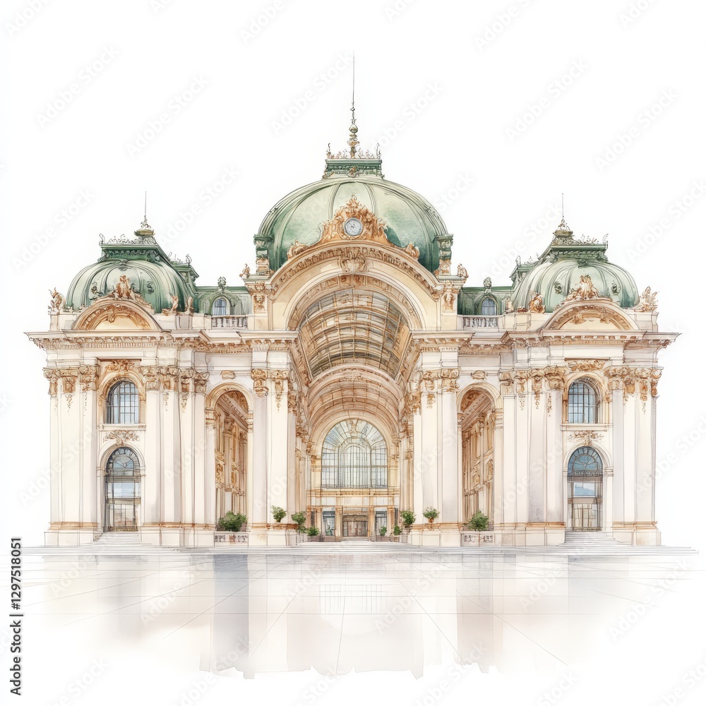 Naklejka premium Grand historic theater with intricate dome lavish detailing and magnificent entrance representing classical architectural excellence in cultural heritage stock illustration