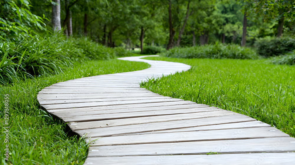 Winding boardwalk path through lush green park Winding boardwalk path through lush green park