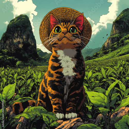 Whimsical Vector Image of a Cat in Straw Hat in Vibrant Mountainous Tea Plantation Meadow with Clear Blue Sky - Perfect for Nature and Animal Illustration Enthusiasts