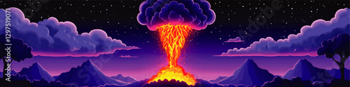 Vibrant Vector Illustration of Exploding Volcano with Molten Lava Eruption Under Starry Night Sky and Mountain Silhouettes, Enveloped by Majestic Purple Clouds