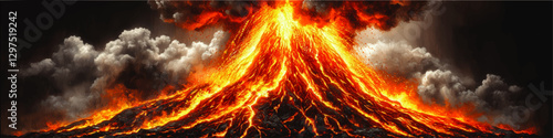 Dramatic Vector Illustration of Volcanic Eruption with Flowing Lava, Ash Clouds, and Vibrant Colors Capturing Nature's Fierce Power and Energy in Dynamic Detail