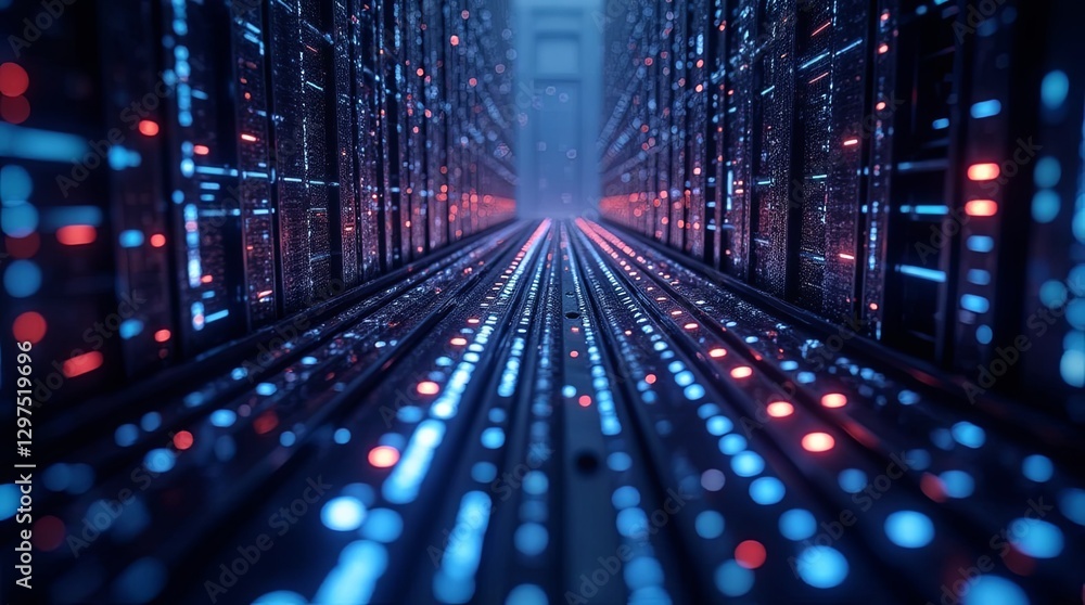 Fototapeta premium A computer server room with blue and red lights
