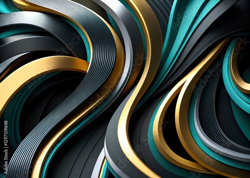 Turbulent metallic ribbons in teal, gold and black forming dynamic fluid waves 
