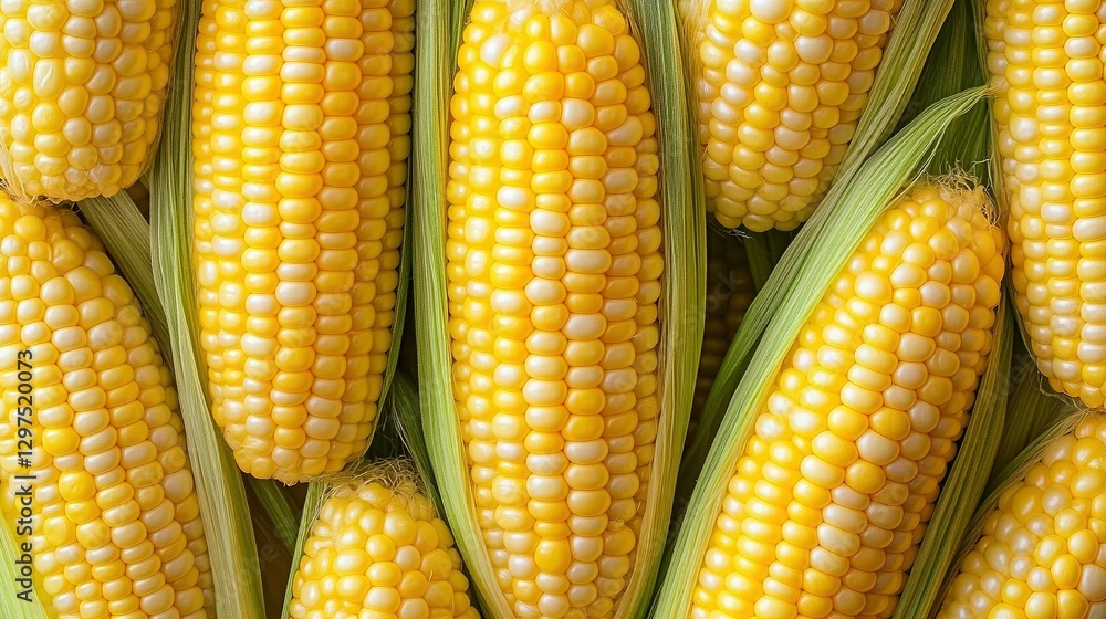 Freshly harvested yellow corn cobs with green husks arranged together Freshly harvested yellow corn cobs with green husks arranged together