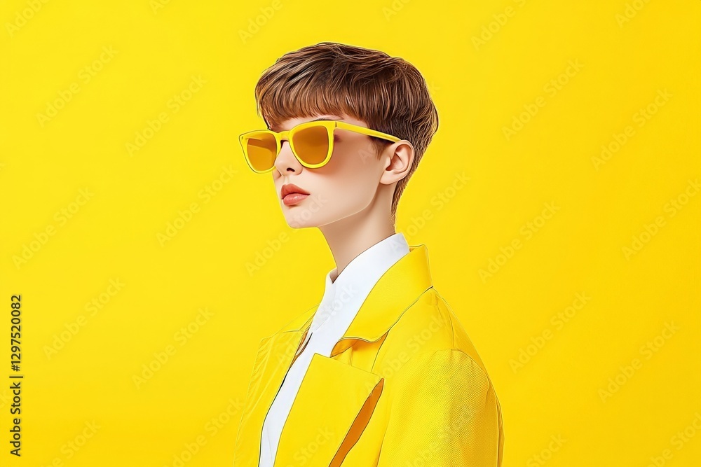 Stylish woman with short hair wearing sunglasses and yellow outfit against monochrome background representing fashion elegance and contemporary aesthetic trends in portrait photography Stylish woman with short hair wearing sunglasses and yellow outfit against monochrome background representing fashion elegance and contemporary aesthetic trends in portrait photography