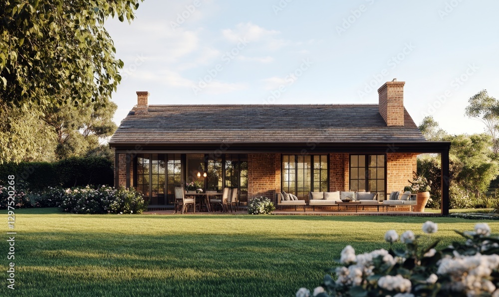 Fototapeta premium Rustic cottage with patio in sunlit garden