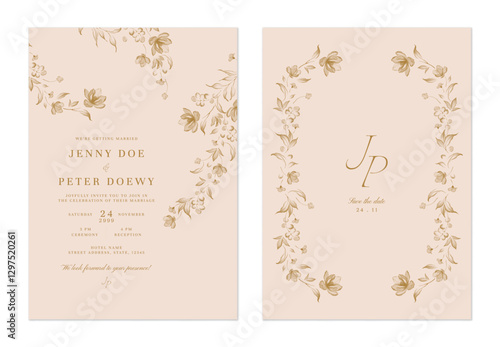 Wedding invitation and save the date template set of ornate gold floral on a ...