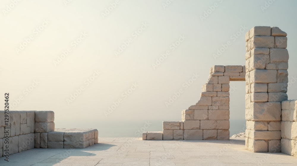Fototapeta premium Ancient Stone Structure Overlooking Calm Waters A Serene Vista of Architectural Remains