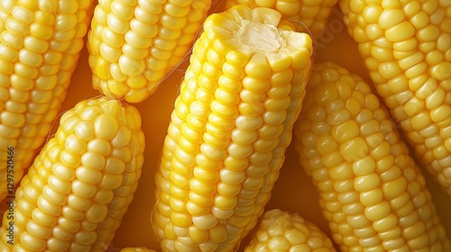 Fresh golden corn cobs arranged on a golden background together