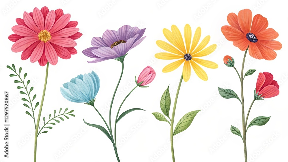 A row of flowers with different colors