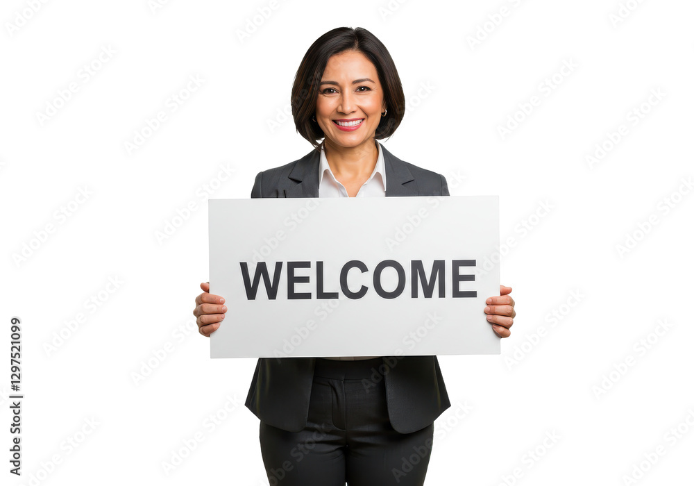 Friendly businesswoman holding a welcome sign isolated on transparent, White background Friendly businesswoman holding a welcome sign isolated on transparent, White background