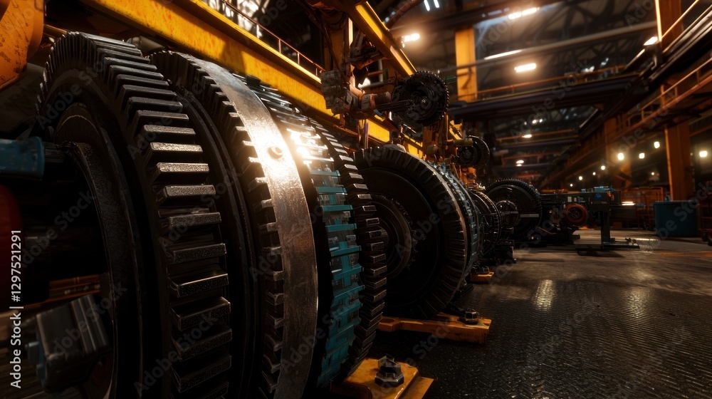 Fototapeta premium Close-up view of large industrial gears in a factory setting with machinery and lighting