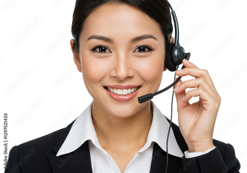 Smiling female call center operator worker with a headset isolated on transparent, White background Smiling female call center operator worker with a headset isolated on transparent, White background