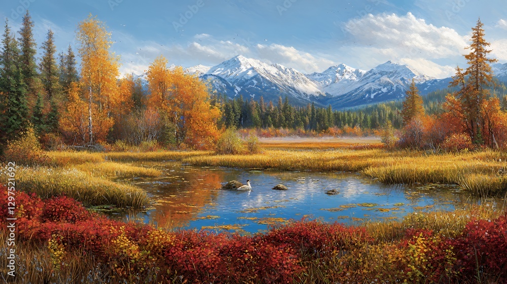 Autumnal Mountain Lake Landscape with Birds Autumnal Mountain Lake Landscape with Birds