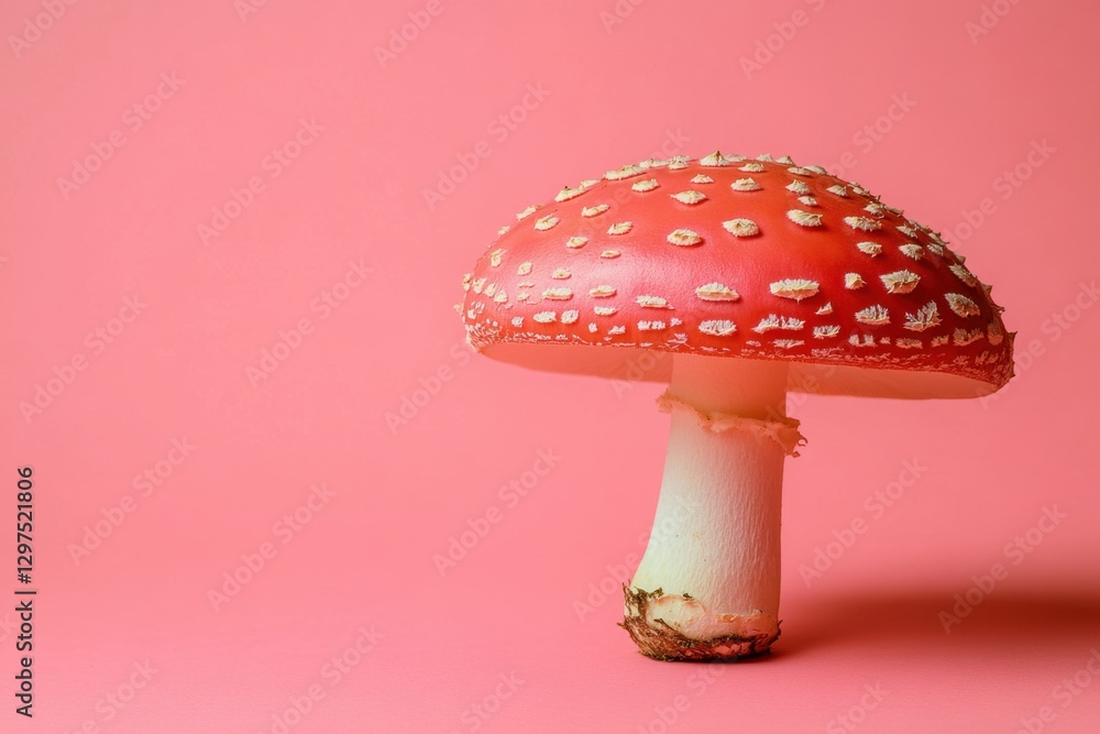 A Red Mushroom with White Spots on a Pale Pink Background A Red Mushroom with White Spots on a Pale Pink Background