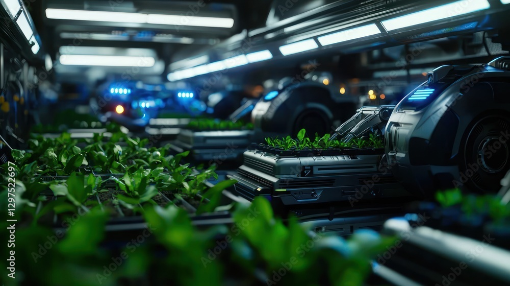 Futuristic indoor farm with automated systems nurturing vibrant green plants under artificial lights Futuristic indoor farm with automated systems nurturing vibrant green plants under artificial lights