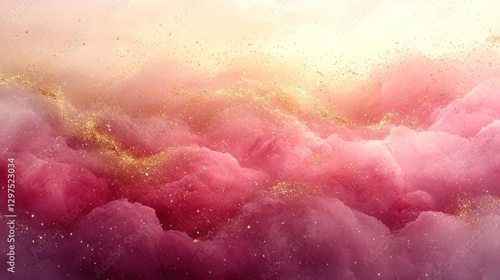 Fototapeta premium Golden glitter falling on dreamy pink clouds at sunset