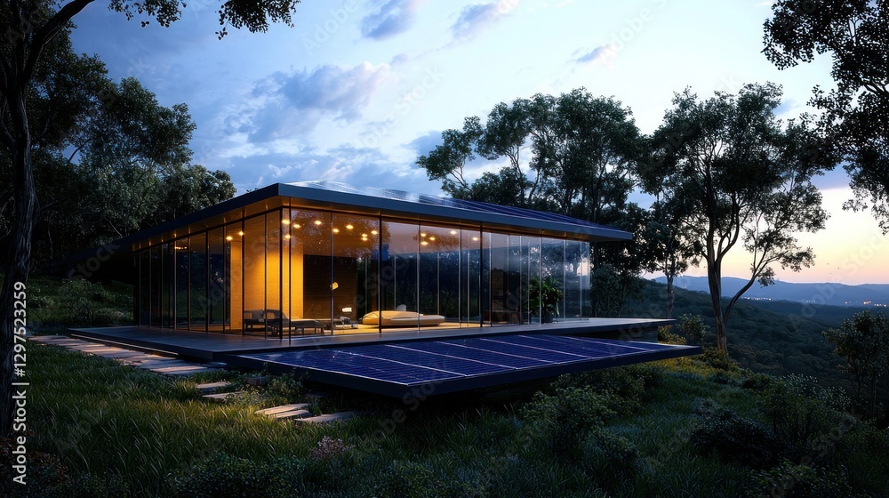 Modern glass house with solar panels in a serene landscape during twilight, showcasing nature Modern glass house with solar panels in a serene landscape during twilight, showcasing nature