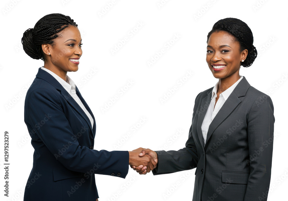 Two middle aged African female managers smiling and shaking hands, executive women making business isolated on transparent, White background Two middle aged African female managers smiling and shaking hands, executive women making business isolated on transparent, White background