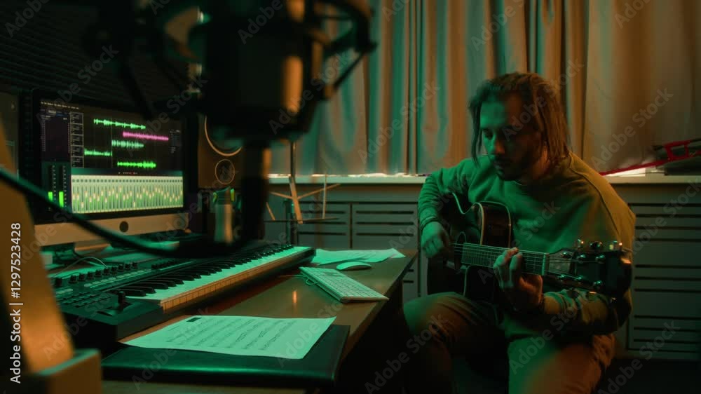 Side shot of bearded long-haired man playing guitar and recording audio to computer program with saved audio sequences, creating new music in modern green neon lit studio with professional equipment Side shot of bearded long-haired man playing guitar and recording audio to computer program with saved audio sequences, creating new music in modern green neon lit studio with professional equipment