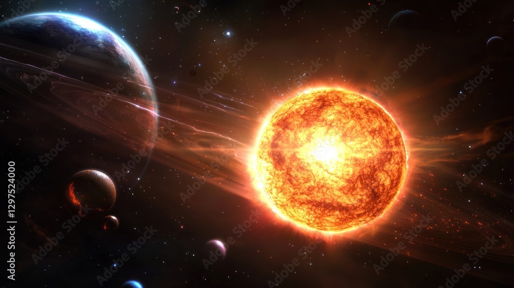Obraz premium Vibrant celestial scene showcasing a glowing sun surrounded by distant planets in space
